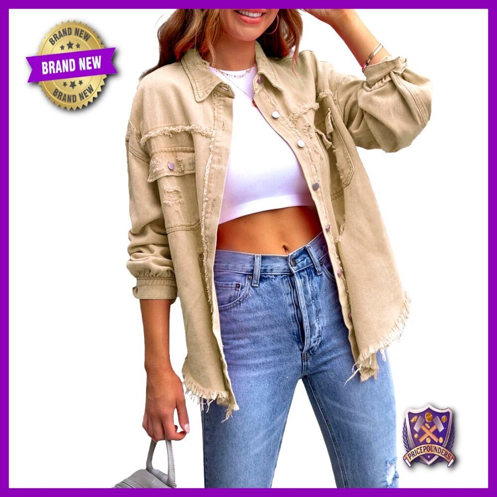 Distressed Denim Shacket Oversized Boyfriend Fit Frayed Hem Button Front